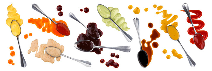 Sauce with spoon isolated on white background, collection of different spilled and flowing sauces