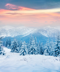 Beautiful winter sunrise in the Carpathian mountains.
