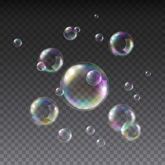 Soap bubble with rainbow colors isolated on transparent background. Realistic vector water foam elements. Colorful iridescent balls or spheres template