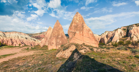 Impressive spring panorama of Cappadocia. Picturesque morning view of of Red Rose valley in April. Cavusin village located, district of Nevsehir, Turkey, Asia. Traveling concept background.