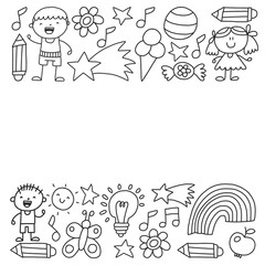 Kindergarten, Monochrome hand drawn children garden elements pattern, doodle illustration, vector, illustration, black, white, background.