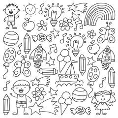 Kindergarten, Monochrome hand drawn children garden elements pattern, doodle illustration, vector, illustration, black, white, background.