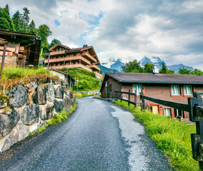 Obraz premium Amazing summer view of Wengen village. Picturesque morning scene of Swiss Alps, Bernese Oberland in the canton of Bern, Switzerland, Europe. Instagram filter toned.