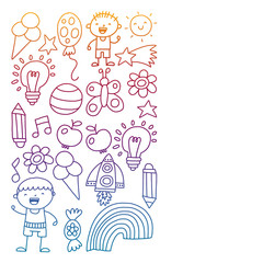 Children garden, Patern, Hand drawn children garden elements pattern, doodle illustration, Vector, illustration, Vertical,