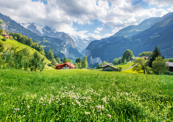 Sunny summer view of Wengen village. Beautiful outdoor scene in Swiss Alps, Bernese Oberland in the canton of Bern, Switzerland, Europe. Instagram filter toned.
