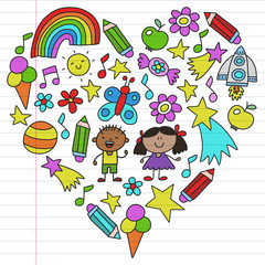 Obraz premium Children garden, Patern, Hand drawn children garden elements pattern, doodle illustration, Vector, illustration, Vertical, line.