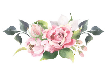 Watercolor composition with garden flowers, roses, deep green leaves, dark branches on white background