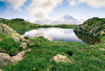 Unbelievable summer view of the Lac Blanc lake with Mont Blanc (Monte Bianco) on background,...