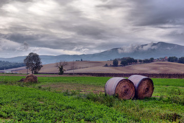 typical Tuscany countryside landscape; sunset over rolling hills