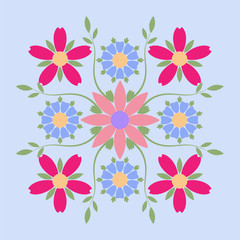Decorative emblem of multi-colored flowers symmetric composition. Business identity for for boutique, organic cosmetics or flower shop.