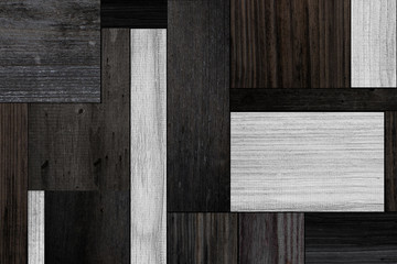 Different woods texture for background. Black and white parquet with geometric pattern. Wooden planks for flooring. Panel of barn boards for wall decoration.