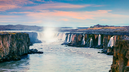 Fabulous summer landscape on Jokulsa a Fjollum river. Beautiful sunrise scene on the Selfoss...