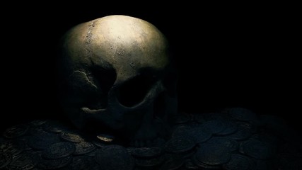 Human Skull On Gold Coins Lit Up With Torch