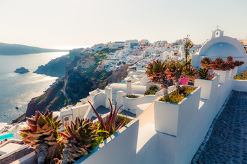 Picturesque morning view of Santorini island. Fantastic spring scene of the famous Greek resort Thira, Greece, Europe. Traveling concept background.