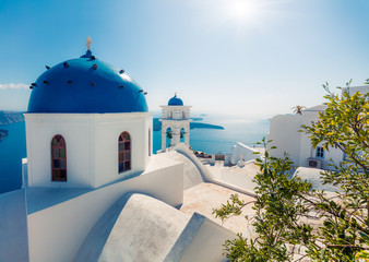 Bright morning view of Santorini island. Splendid spring scene of the famous Greek resort Fira,...