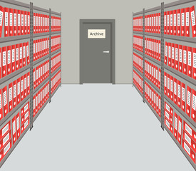 Archive. The room for storage of documents. Interior. There are racks with red folders and a door with a sign "Archive" in the picture. Vector illustration