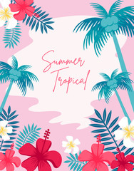 Summer Beach People and Tropical Background. cartoon vector illustration.