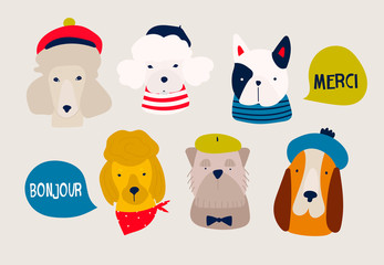 Various dog breeds. French dogs. Different cute funny characters. Hand drawn vector set. Colored trendy illustration. Flat design. All elements are isolated © Dariia