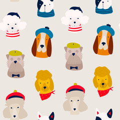 Various dog breeds. French dogs. Different cute funny characters. Hand drawn vector seamless pattern. Colored trendy illustration. Flat design © Dariia