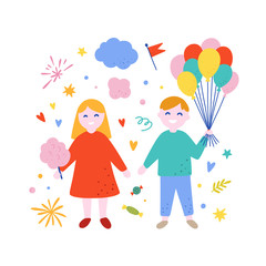 Little boy and girl vector illustration. Happy children holding balloons and cotton candy. Cute amusement park concept