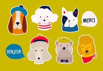Various dog breeds. French dogs. Different cute funny characters. Hand drawn vector set. Pre-made stickers. Colored trendy illustration. Flat design. All elements are isolated © Dariia