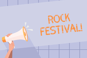 Handwriting text writing Rock Festival. Conceptual photo Largescale rock music concert featuring heavy metals genre Human Hand Holding Tightly a Megaphone with Sound Icon and Blank Text Space