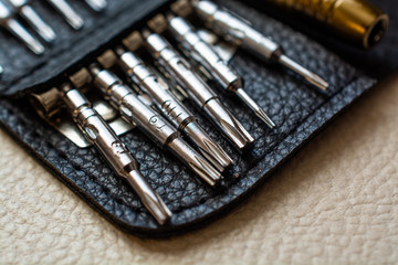 Set of little screwdrivers. Leather case with several different small steel nozzle.