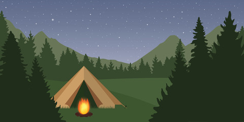 tent with campfire by night in the forest green landscape and starry sky vector illustration EPS10 © krissikunterbunt