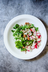 Fresh salad of cucumbers, radishes and herbs. Top view. Spring food concept.
