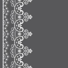 Vector lace seamless pattern, retro wedding lace border or frame design in white on gray background