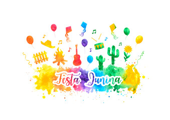 Festa Junina Brazil Festival watercolor rainbow banner. Folklore holiday. Festival fire. Vector illustration