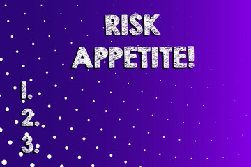 Text sign showing Risk Appetite. Business photo showcasing the level of risk an organization is prepared to accept Lilac Violet Background White Polka Dots Scattered in Linear Perspective