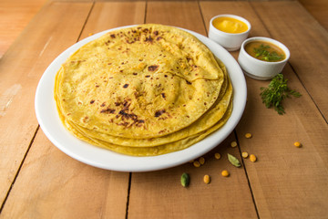 Holi festival, Traditional Maharashtrian food on the occasion of Holi. Puranpoli made of Jaggery. And cold drink made of curd.