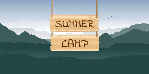 summer camp wooden sign at green mountain nature landscape vector illustration EPS10