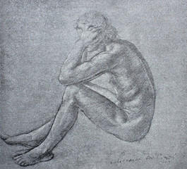 Sketch of naked man from the back in a vintage book Leonard de Vinci, author A. Rosenberg, 1898, Leipzig