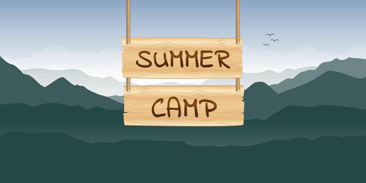 Summer Camp Wooden Sign At Green Mountain Nature Landscape Vector Illustration EPS10