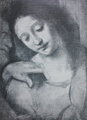 Detail of painting, young woman in a vintage book Leonard de Vinci, author A. Rosenberg, 1898, Leipzig