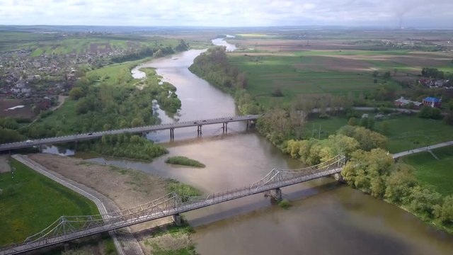 Aerial view of Dnister river and two bridges in town of Halych in Ukraine.