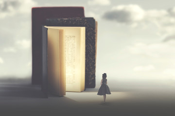 concept of art and fantasy of a magic book and a small woman - obrazy, fototapety, plakaty