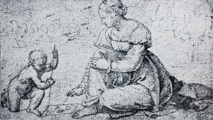 Fototapeta na wymiar Woman seated on the ground and a child knilling by Leonardo Da Vinci in a vintage book Leonard de Vinci, author A. Rosenberg, 1898, Leipzig