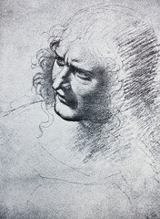 Sketch of the Head by Leonardo Da Vinci in a vintage book Leonard de Vinci, author A. Rosenberg, 1898, Leipzig