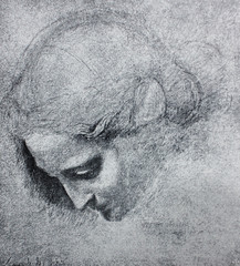 Sketch of the Head of  woman by Leonardo Da Vinci in a vintage book Leonard de Vinci, author A. Rosenberg, 1898, Leipzig