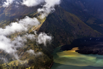 Panorama of Segara Anak on Mount Rinjani crater lake, Lombok Island, Indonesia