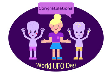 World Day UFO. Aliens wish people happy holidays. Congratulations. The newcomers. Illustration on a purple background. Suitable for poster, banner, campaign, and greeting card.