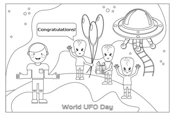 Coloring book. UFO day. Aliens wish people happy holidays. Congratulations. Spaceship. Flying saucer.