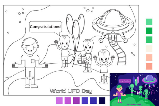Coloring book. UFO day. Aliens wish people happy holidays. Congratulations. Spaceship. Flying saucer.