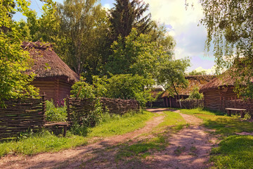 Fototapeta na wymiar Concept of historical buildings of ancient Ukraine. Typical dirt road between houses with front yard in the Ukrainian village at XVIII c. Pereyaslav-Khmelnitsky Museum of Folk Architecture and Life