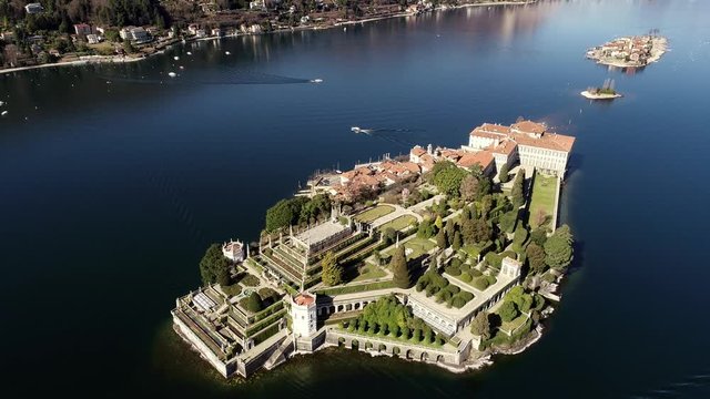Aerial view of Island Bella or Isola Bella at Lake Maggiore, is one of the Borromean Islands in Piedmont of north Italy, Stresa, Verbania