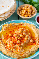 hummus on a turquoise surface