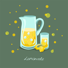 Carafe with lemon. Lemon. Vector illustration. On a green background with bubbles.